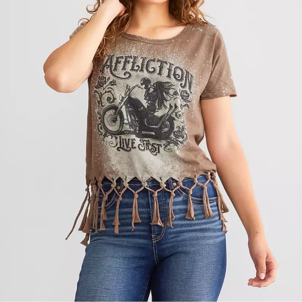 Affliction Brown Graphic w/ Black Rhinestones and Fringe Tee